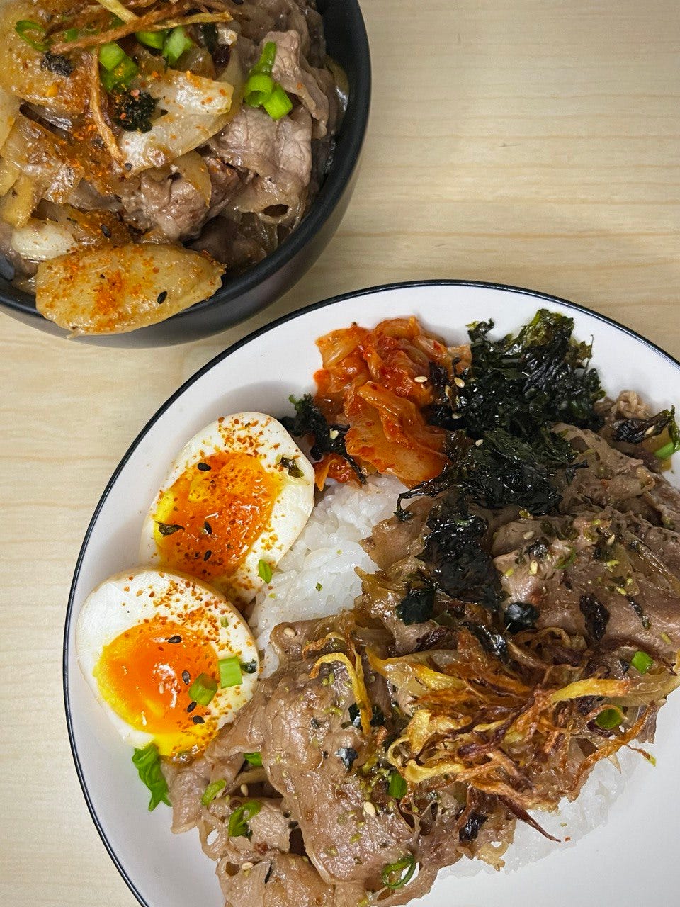 Gyudon with Hanjuku Eggs. pork belly, softboiled eggs, rice… by