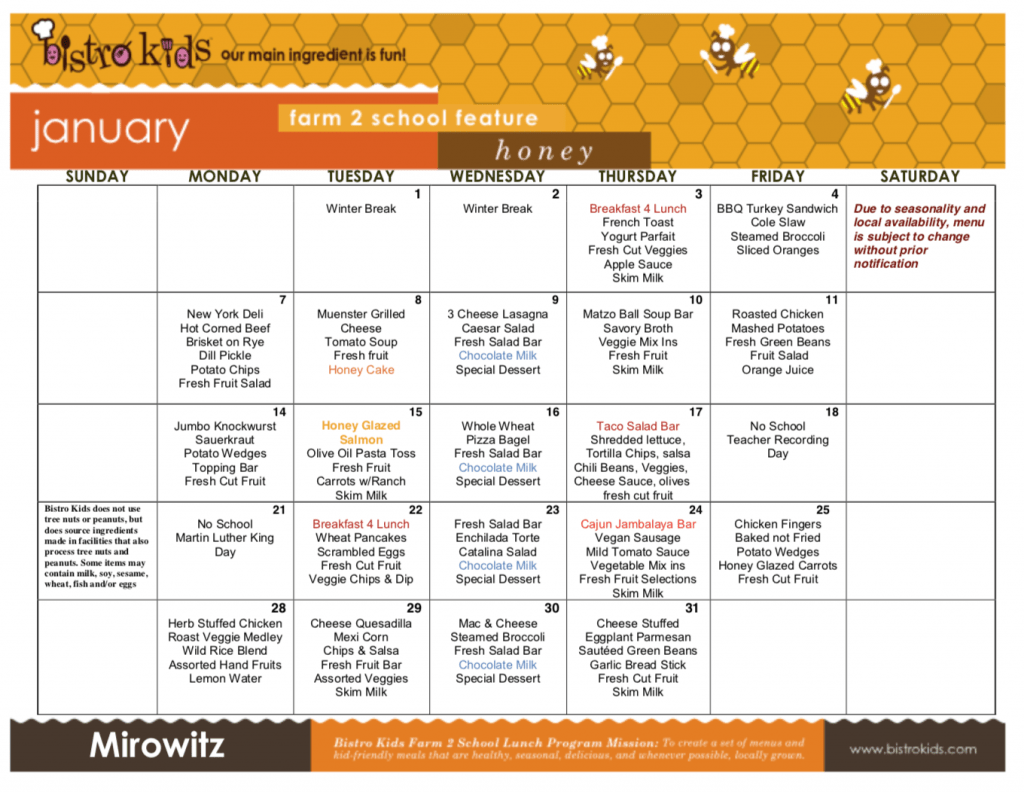 Lunch Menu Saul Mirowitz Jewish Community School
