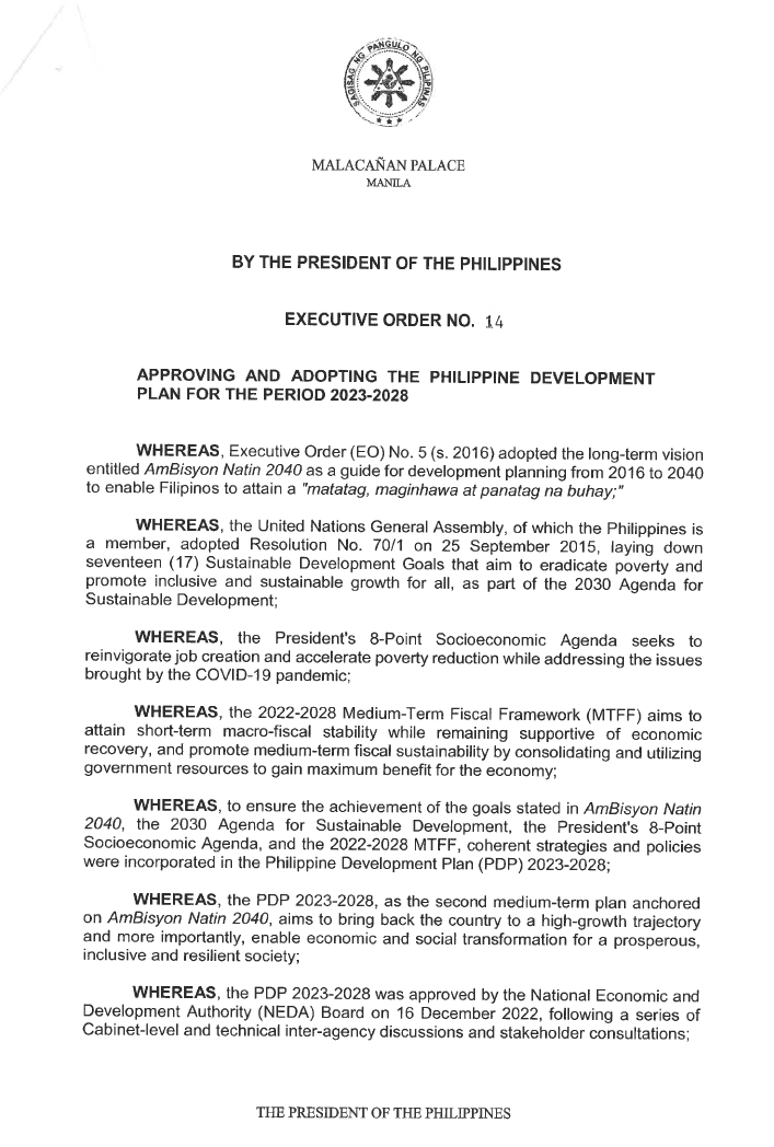 Executive Order No. 14 Approving and adopting the Philippine
