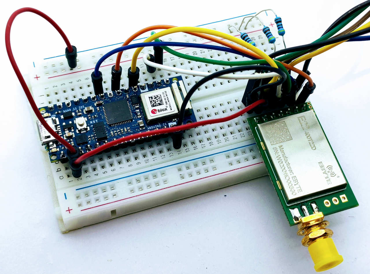 Arduino Nano 33 IoT on breadboard with Ebyte LoRa E22 Renzo Mischianti