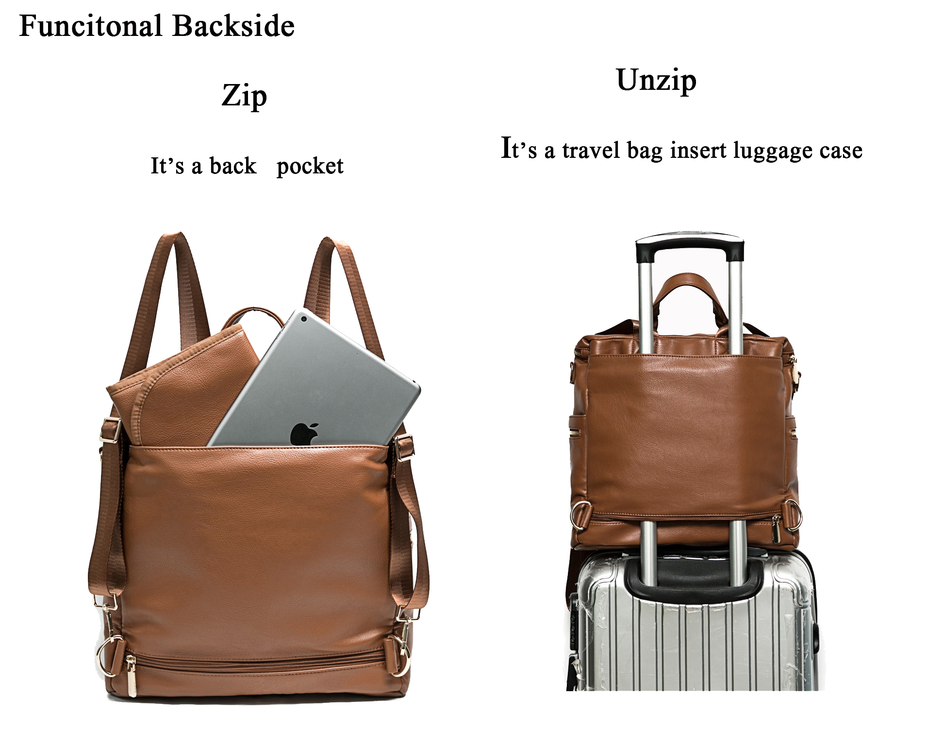 Leather Diaper Bag Backpack Convertible (Brown) Miss Fong