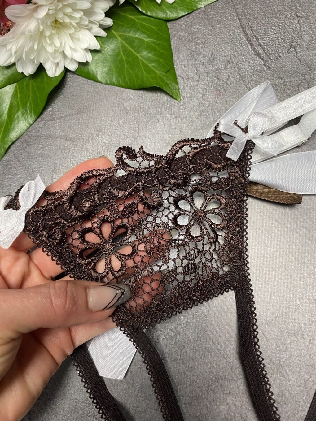 Brown and white lave crotchless panties (handmade) Miss Impreza
