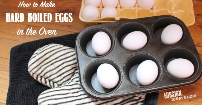 hard boiled eggs in a muffin tin with oven mit 