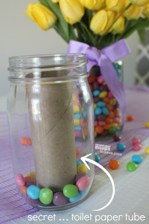 making jelly bean jar flower holder with toilet paper tube