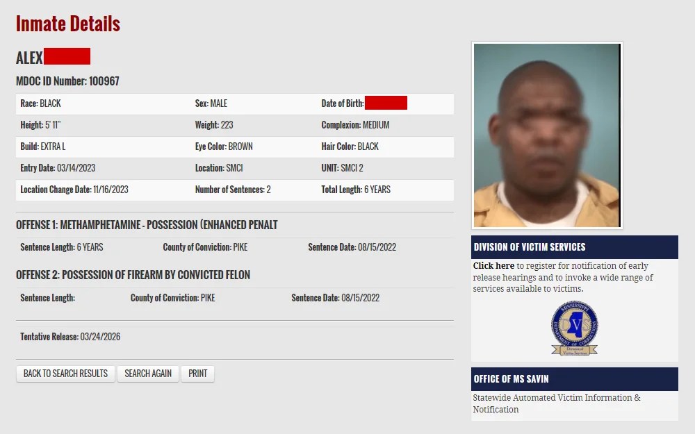 Free Mississippi Parole Search Supervised Offender Details(02)