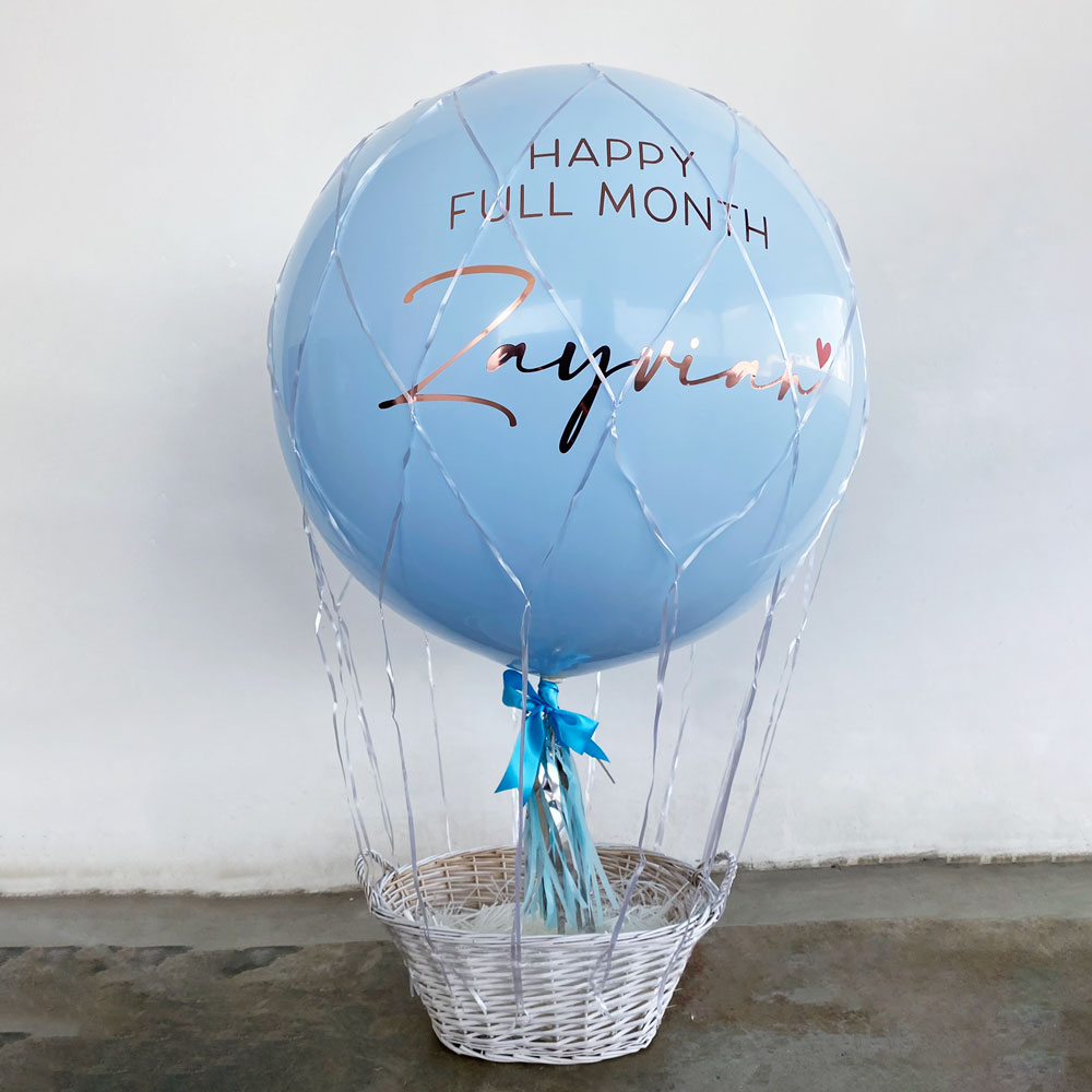 Personalised Name Helium Hot Air Balloon Gift Basket Pastel Blue