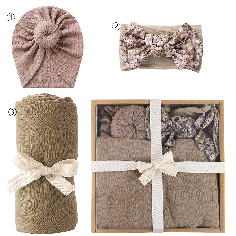 Baby Swaddle, Bow, Turban Headband (024M) 3pc Set Brown Rosewood