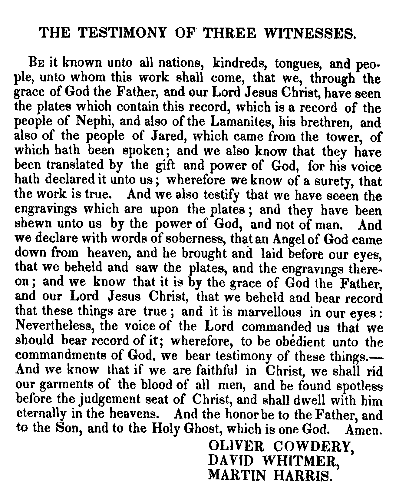 1830 Book of Mormon Testimonies Testimony of Three Witnesses