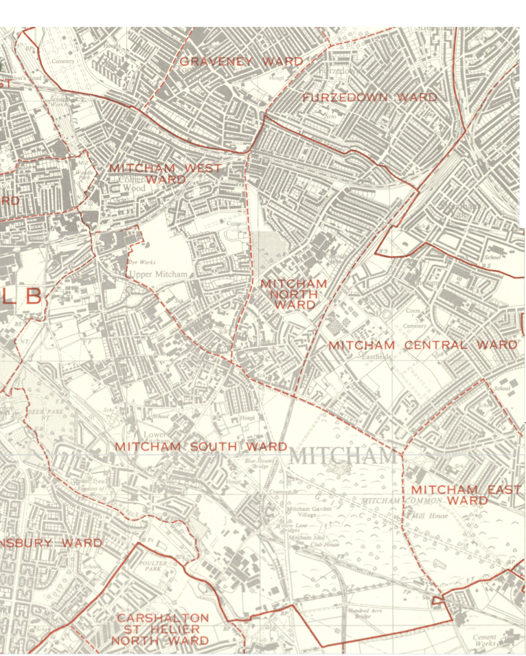 Map of Mitcham Wards in 1932 Mitcham History Notes