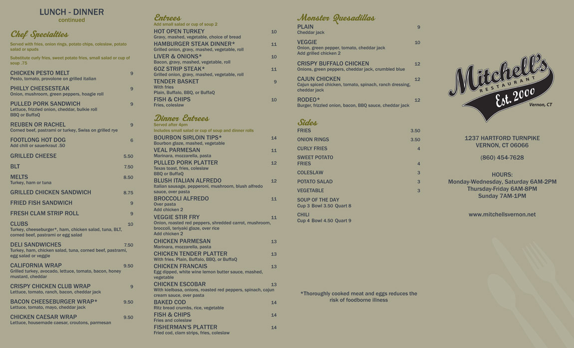 Breakfast, Lunch, Dinner & Catering Menus Mitchell's Restaurant Vernon, CT