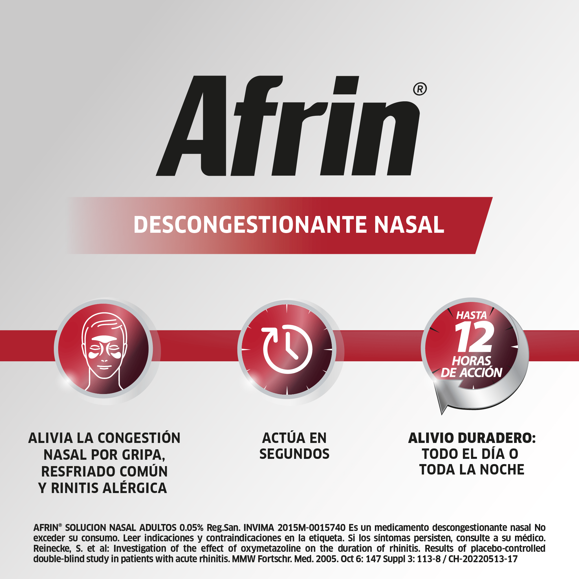 Afrin ® alivia la congestión nasal en segundos hasta por 12 horas , oximetazolina 0,05, 15 mL