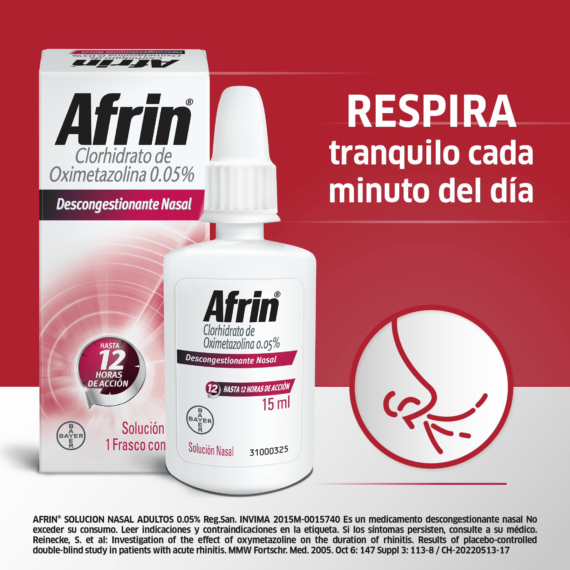 Afrin ® alivia la congestión nasal en segundos hasta por 12 horas , oximetazolina 0,05, 15 mL