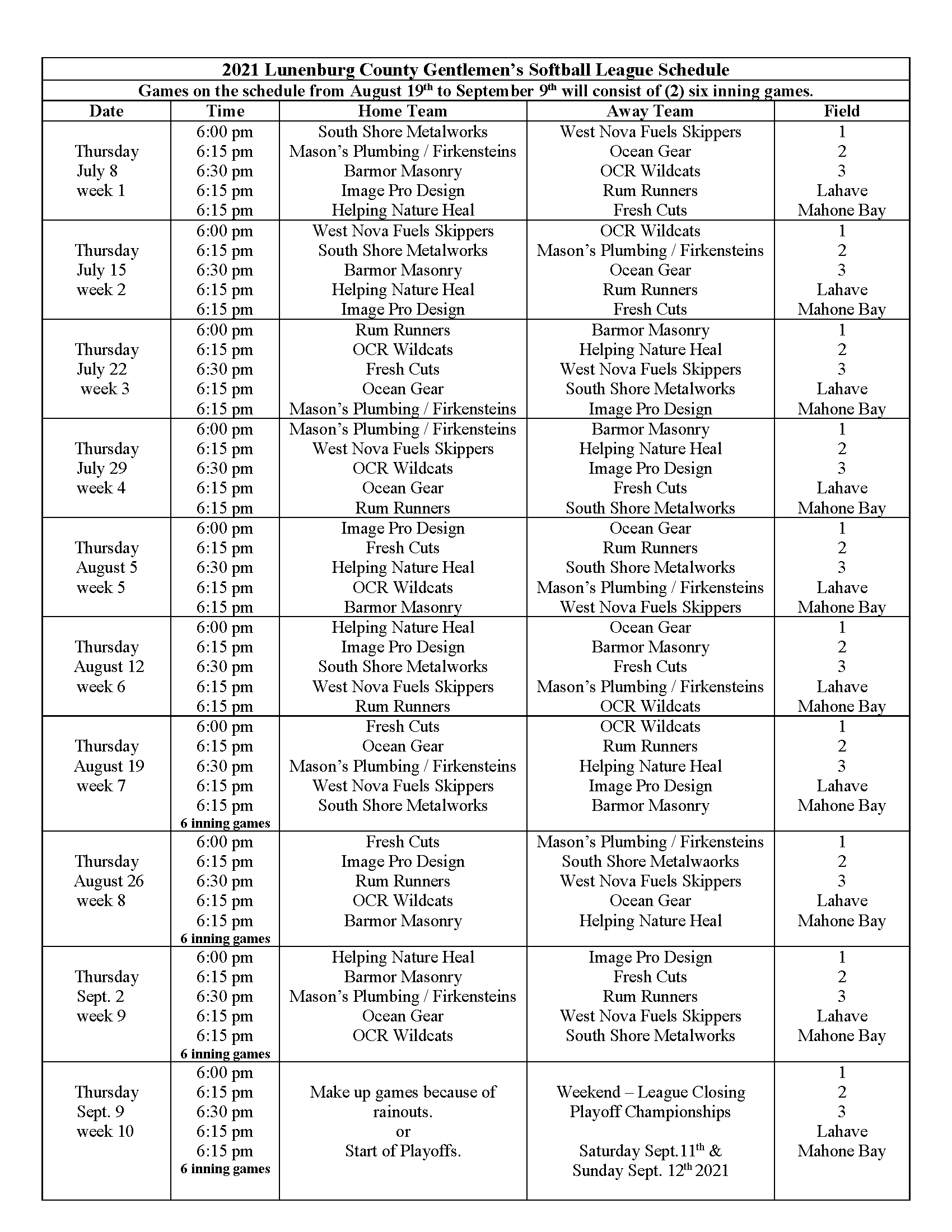 2021 LCGS League Schedule BRIDGEWATER & AREA SOFTBALL HUB