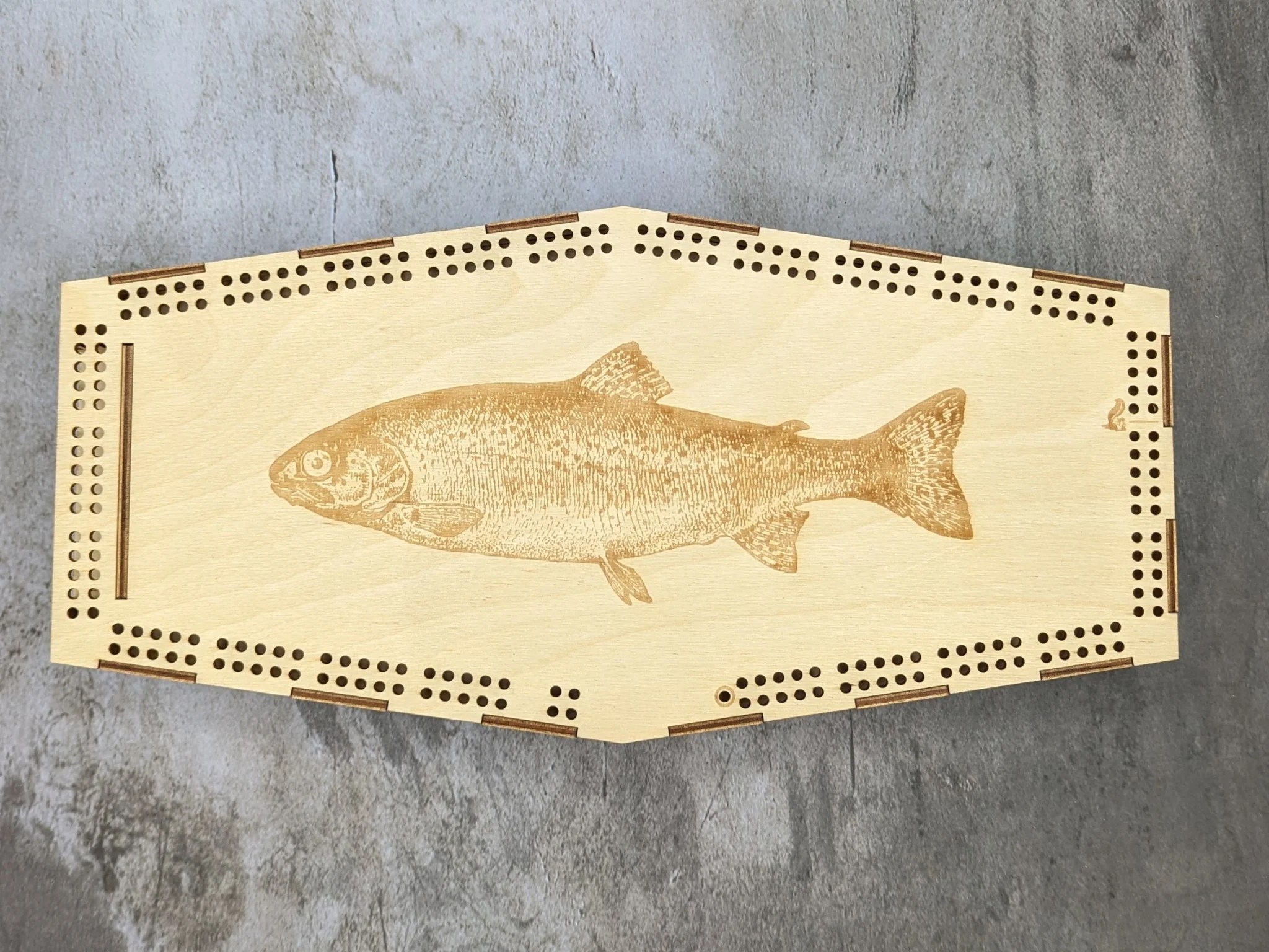 Tabletop Cribbage Board hexagonal shape with trout design MIY Olympia
