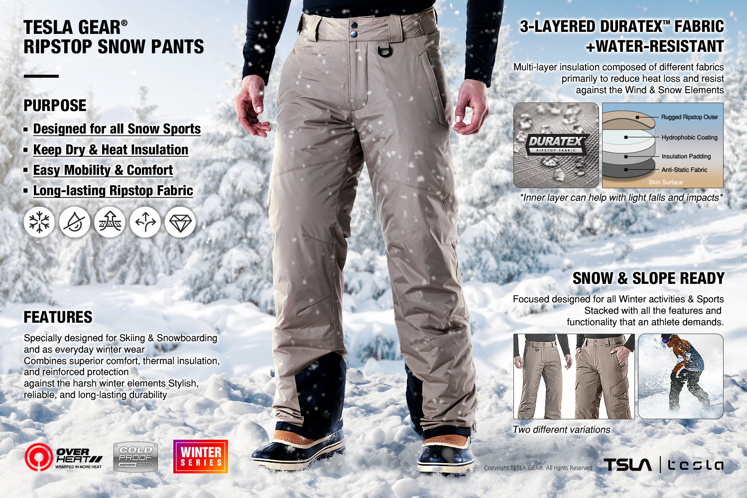 Ripstop Windproof Ski Pants TSLA Mens Winter Snow Bibs Waterproof