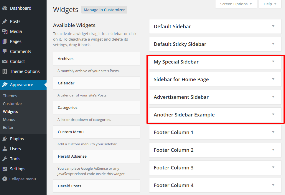 Sidebars Herald WordPress Theme Documentation Meks