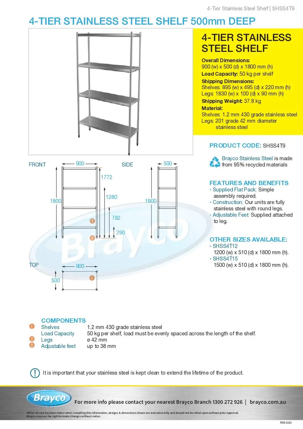 4Tier Stainless Commercial Kitchen Shelf, 900 x 510 x 1800mm high