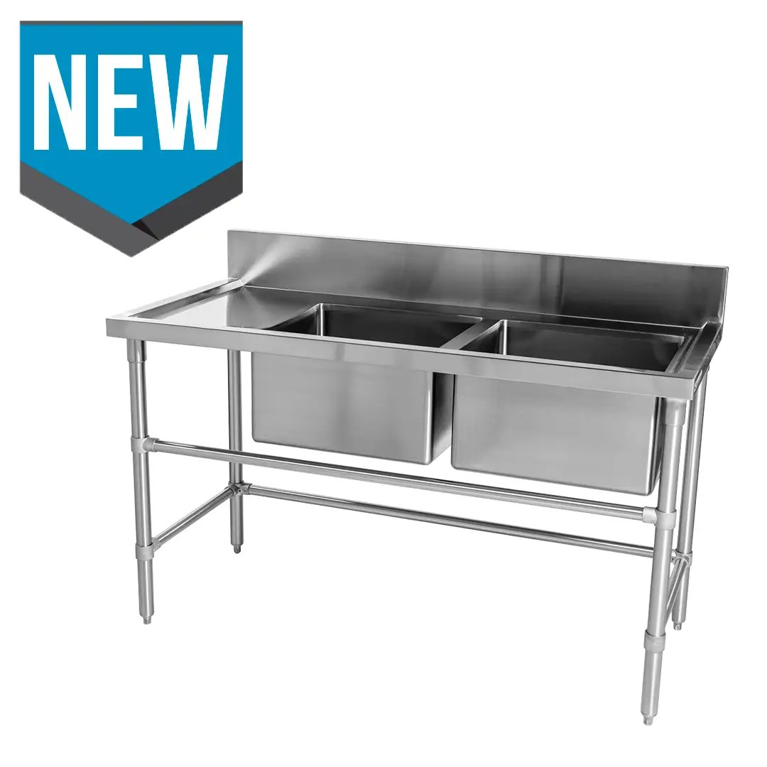 Double Bowl Stainless Restaurant Sink Left Bench, 1500 x 700 x 900mm