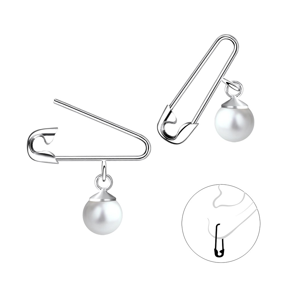 Silver JD Sterling Silver Safety Pin Ear Hoops With Pearl JD11760