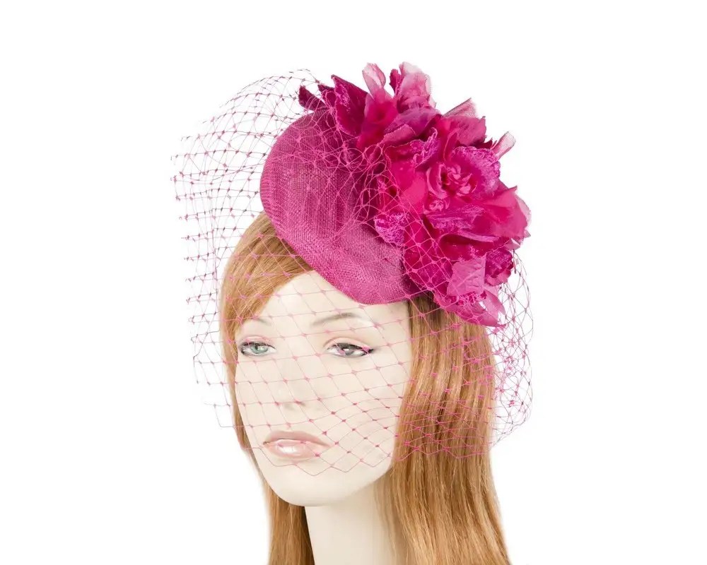 Fuchsia pillbox with flower & veil by Fillies Collection Online in