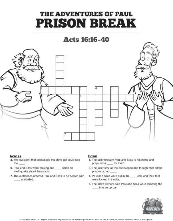 Acts 16 Prison Break Sunday School Crossword Puzzles ShareFaith Media