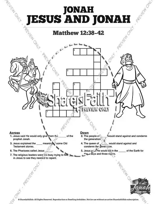 ShareFaith Media » Matthew 12 Jesus and Jonah Sunday School Crossword Puzzles ShareFaith Media