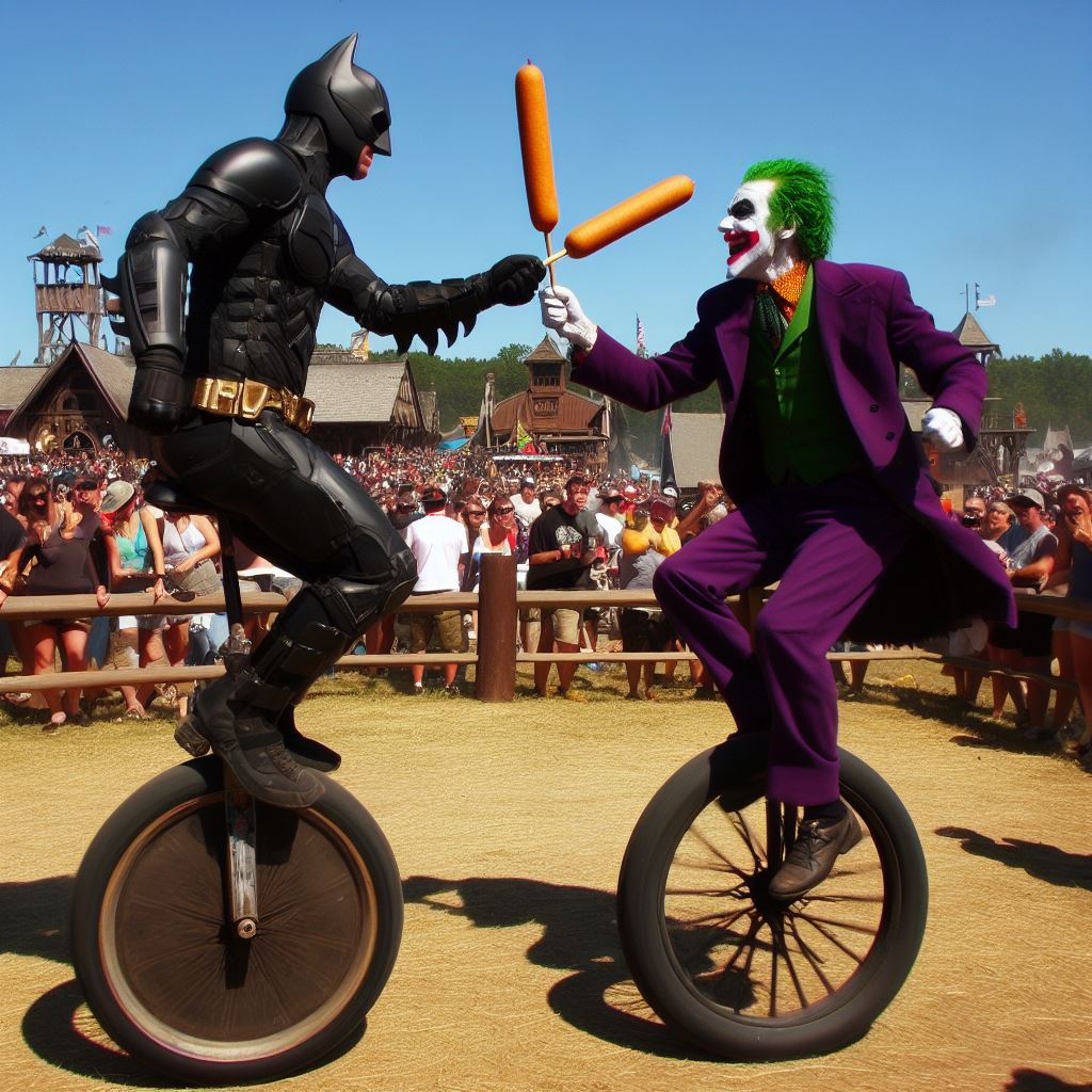 Batman and Robin on Unicycles jousting with corn dogs MLTSHP