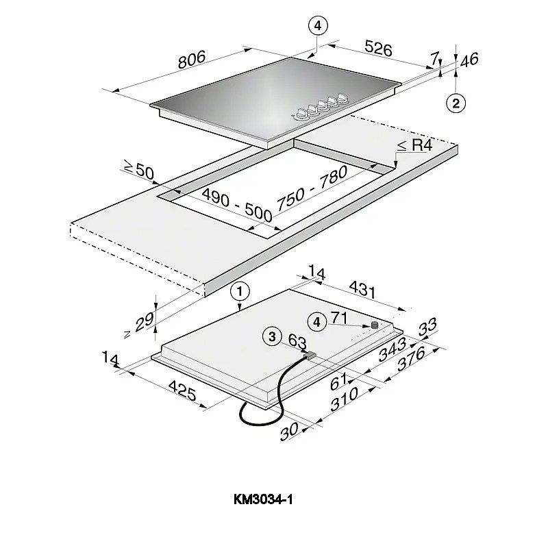Miele KM30341 80cm Five Burner Gas On Glass Hob STAINLESS STEEL