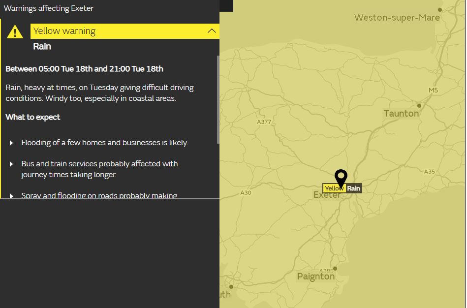 Yellow rain warning all day Radio Exe