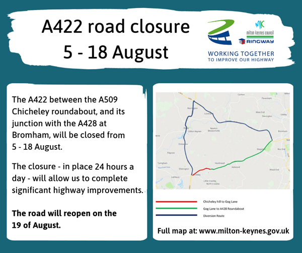 A422 Road Closure MKFM 106.3FM Radio Made in Milton Keynes