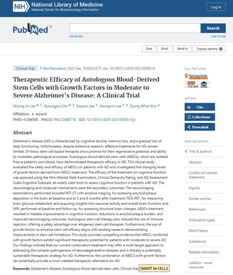 Miracell Demonstrates Cognition Impairment and Brain Function Improvement in Severe Alzheimer's Patients Using 'SMART M-CELL'-Based CD34+ Cell-Rich Autologous Blood Concentrate Therapy