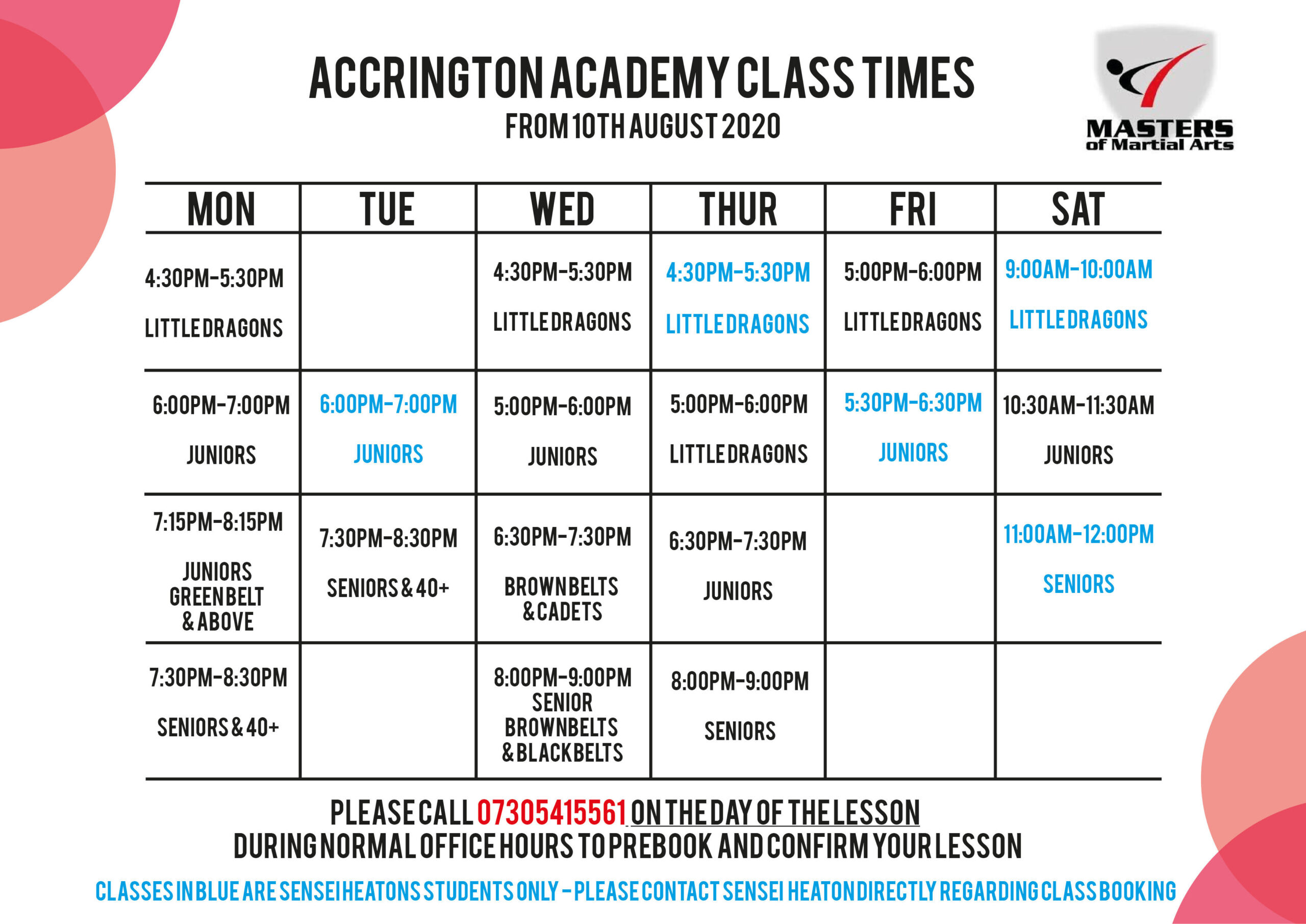 MMA Class Timetable 10/08/20 Masters Of Martial Arts
