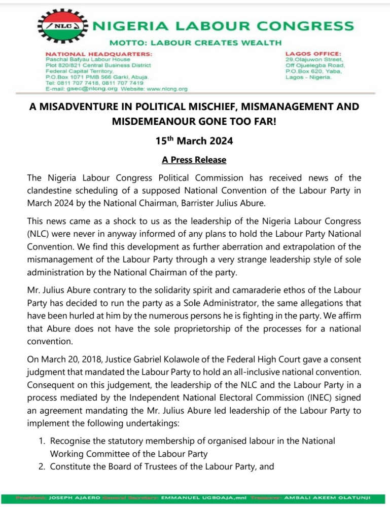 'Picket All Labour Party Secretariats Nationwide' NLC Orders Members