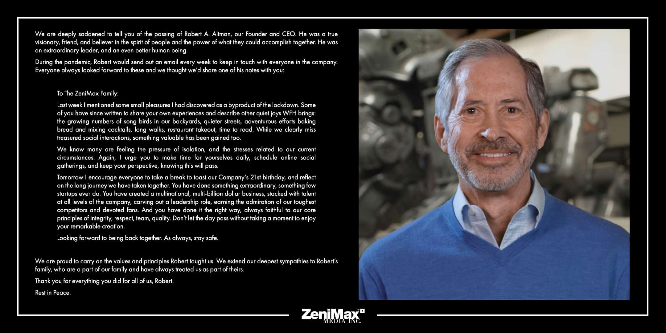 ZeniMax Media's Founder / CEO Robert A. Altman Passes Away At 73