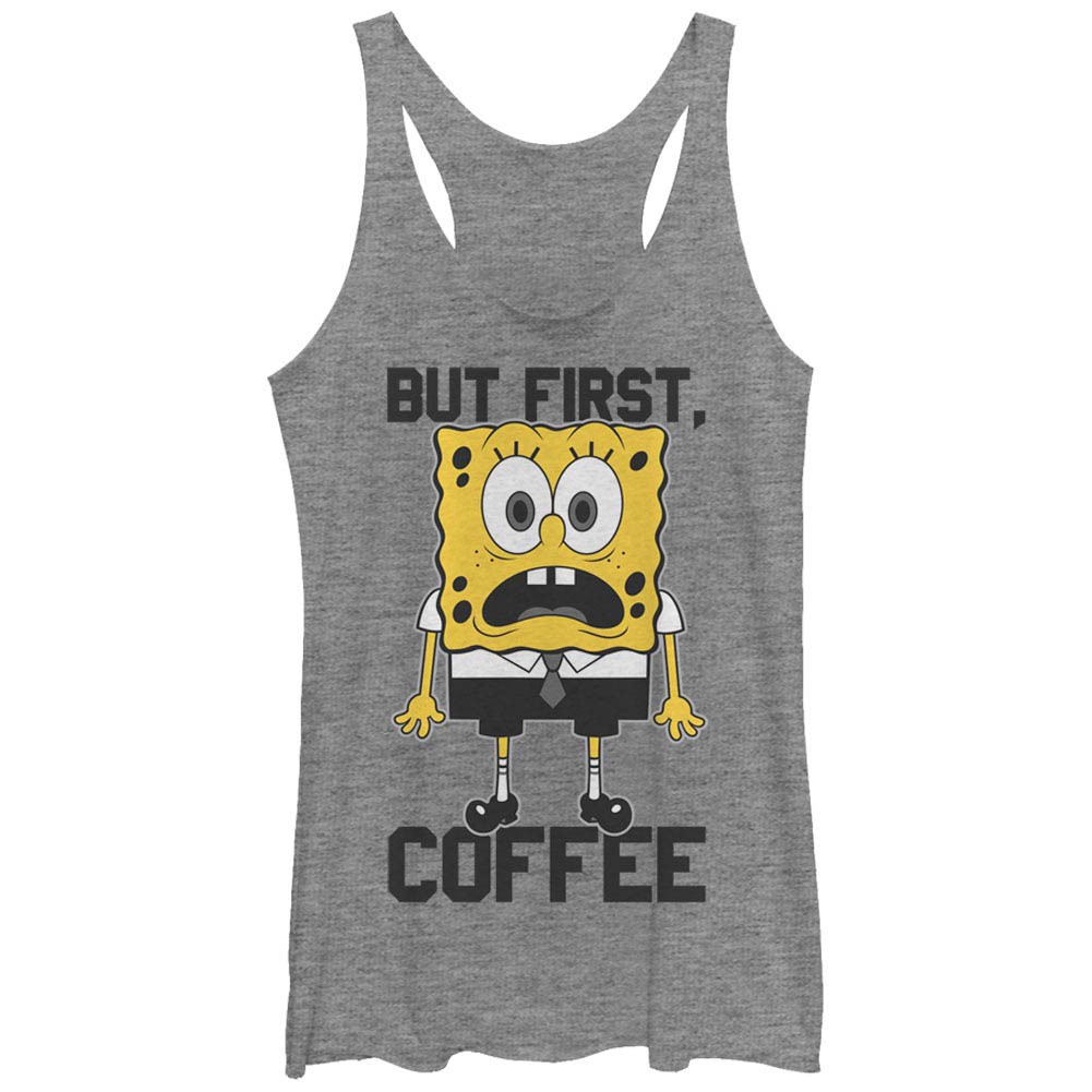 Spongebob Squarepants Nickelodeon First Coffee Gray Juniors Racerback
