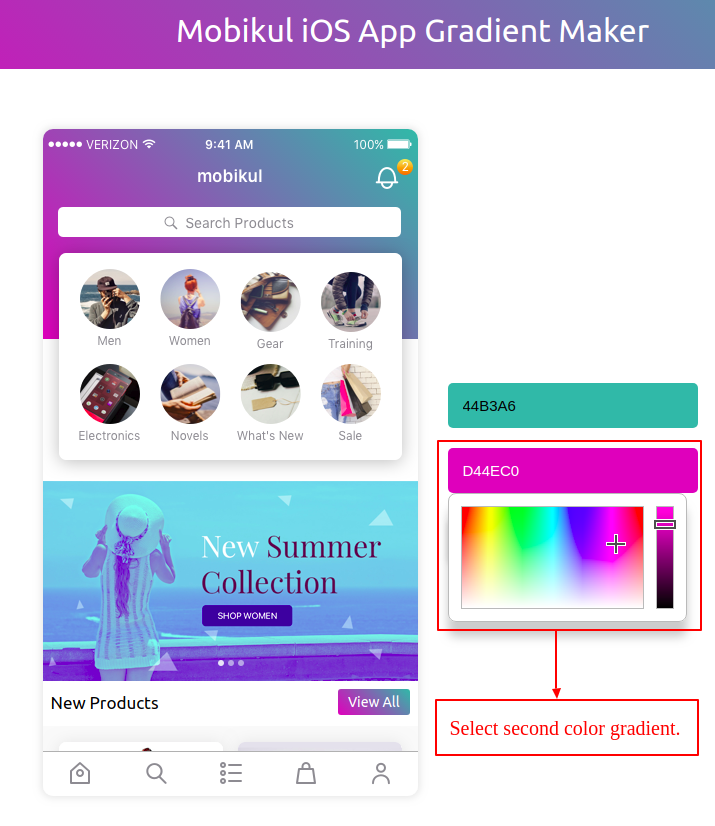 How can you choose the color code gradient for your iOS application?