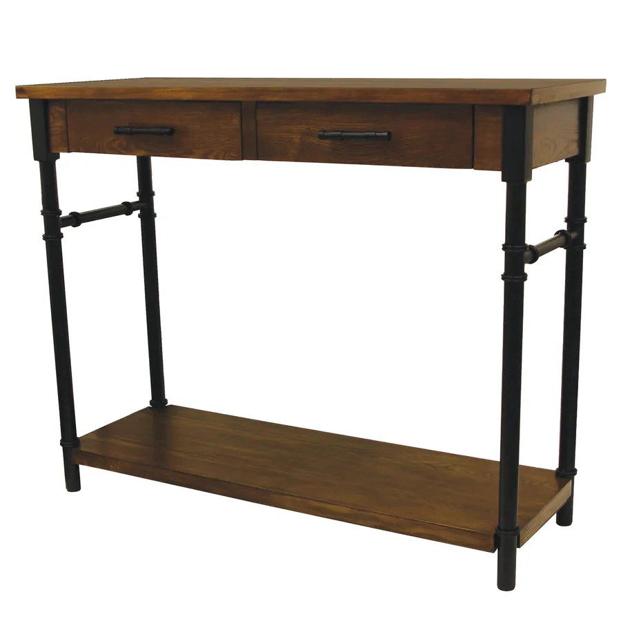 Walnut Wood Veneer Industrial Console Table at