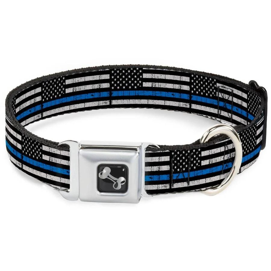 BuckleDown Dog Collar Seatbelt Buckle Thin Blue Line Flag Weathered Black Gray Blue 13 to 18