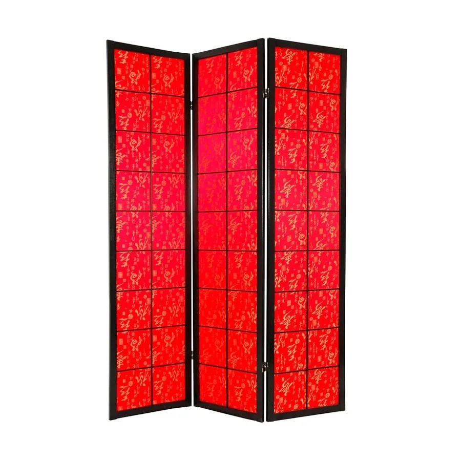 Oriental Furniture Feng Shui 4Panel Red Wood and Fabric Folding Indoor