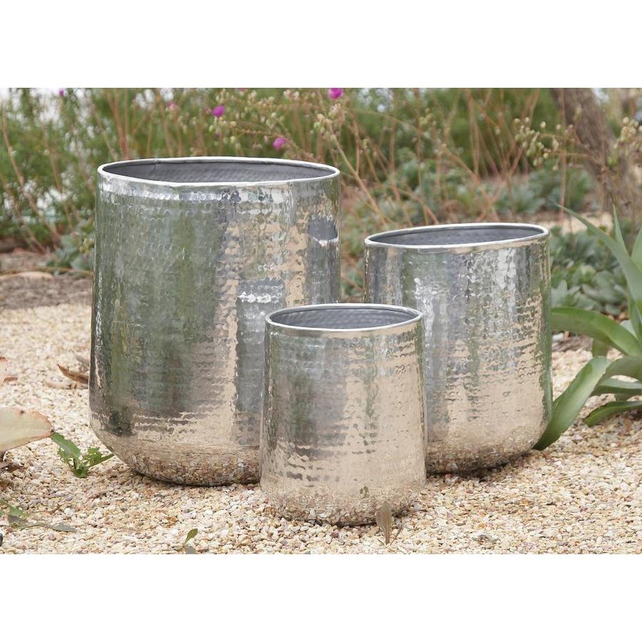 Grayson Lane Large Round Silver Hammered Metal Indoor Outdoor Planters