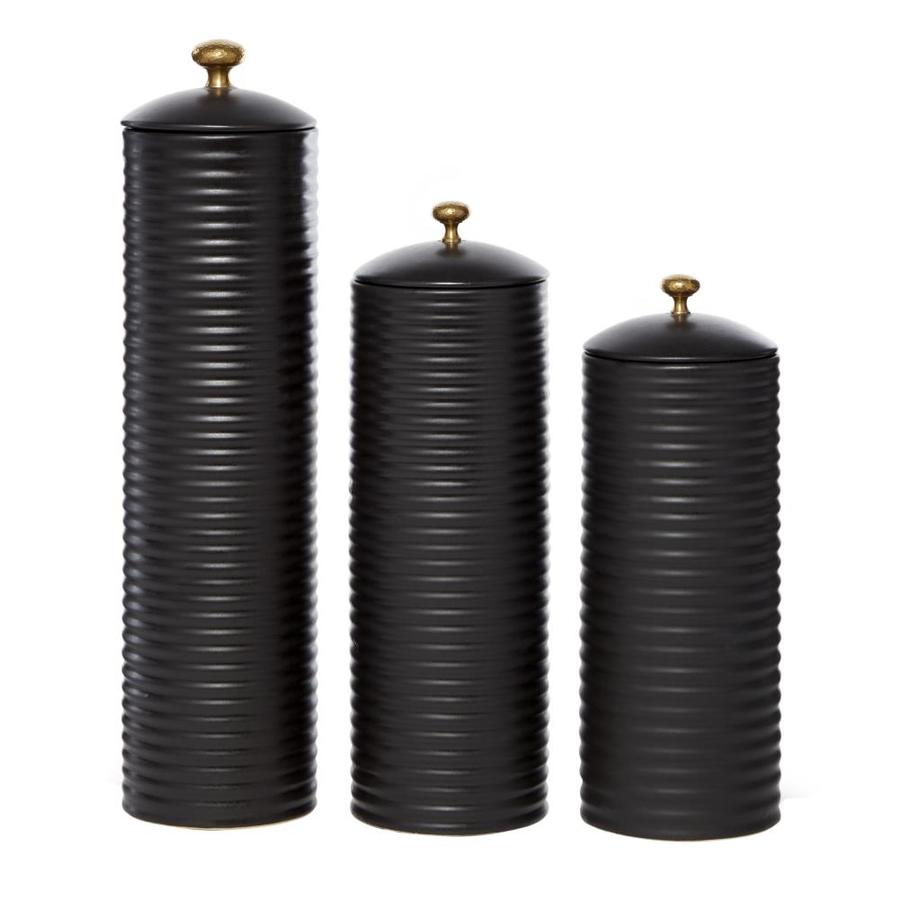 Venus Williams Tall Cylindrical Ribbed Black Ceramic Jars with Gold