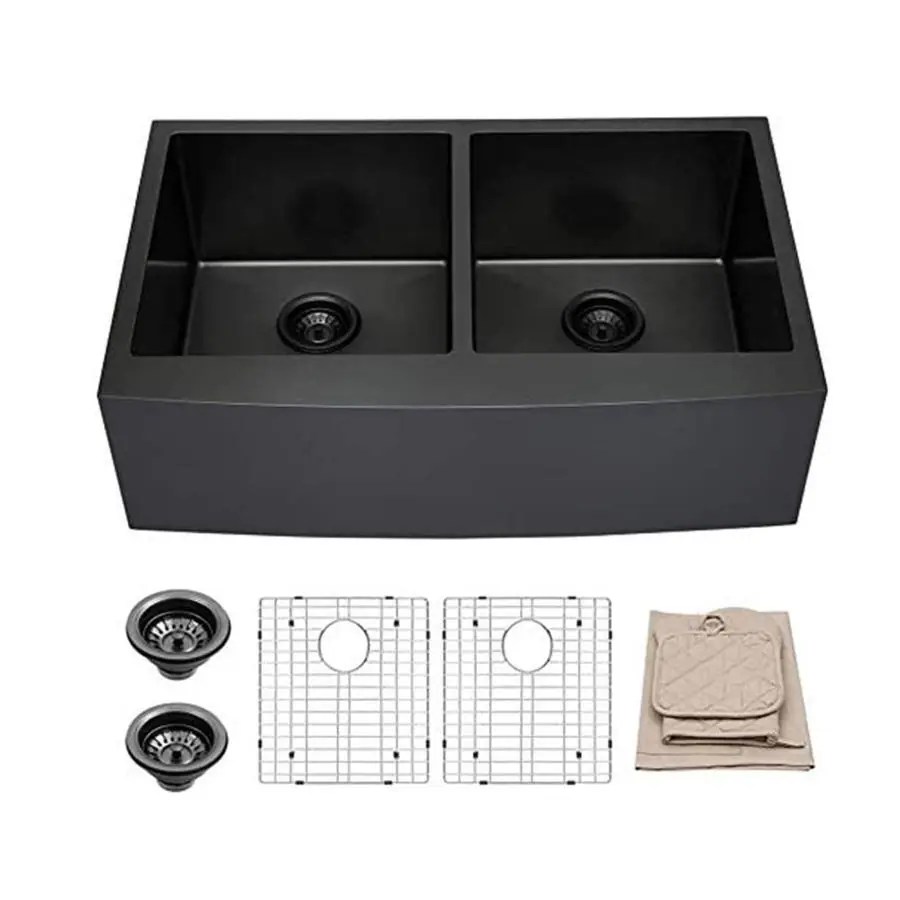 CASAINC 21in x 33in Matte Black Double Equal Bowl Undermount Apron
