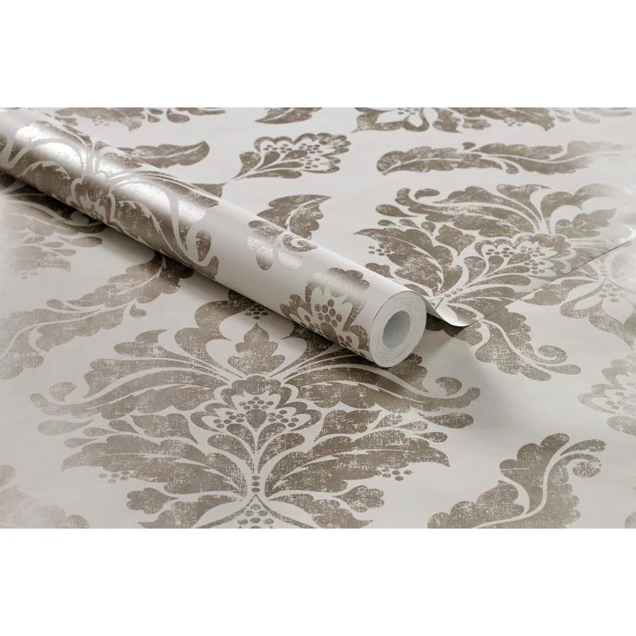 Graham & Brown Vermeil 56sq ft Cream/Gold Paper Damask Wallpaper in
