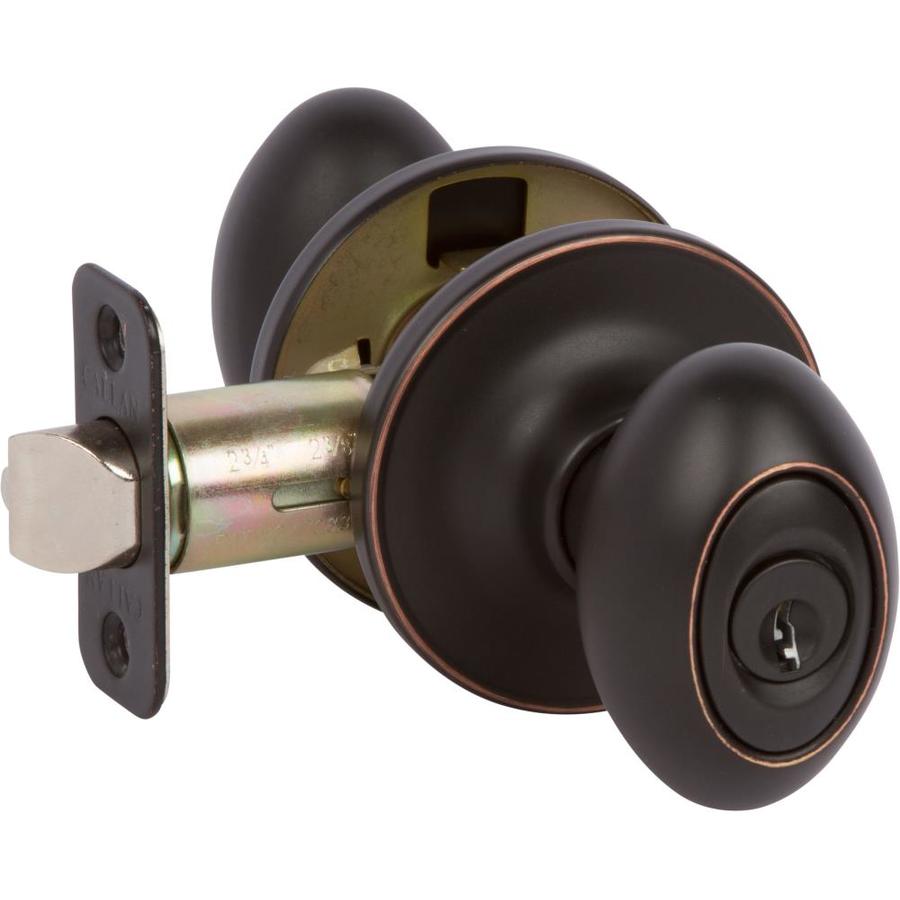 Delaney Hardware Carlyle Edged Bronze Keyed Entry Door Knob in the Door
