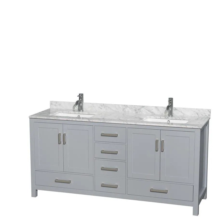 Wyndham Collection Sheffield 72in Gray Double Sink Bathroom Vanity with White Carrera Natural