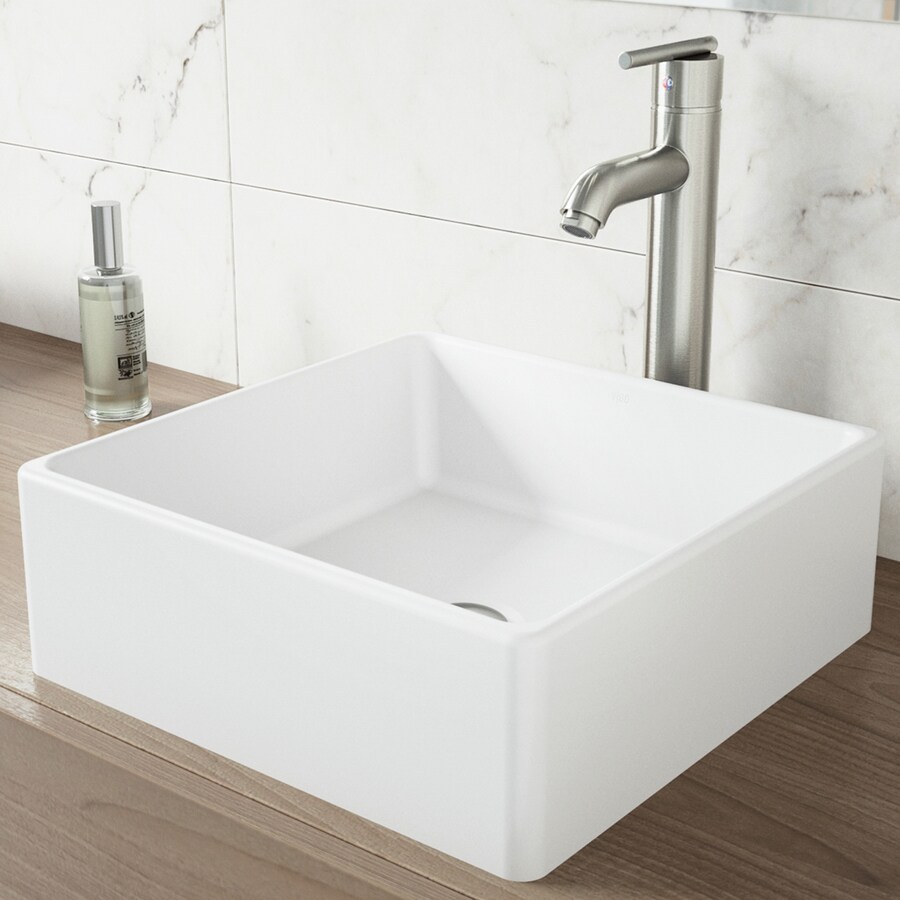 Shop VIGO Vessel Bathroom Sets White Stone Vessel Square Bathroom Sink at