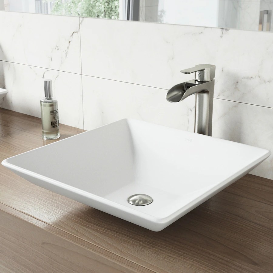 VIGO Hibiscus Matte White Matte Stone Vessel Square Bathroom Sink at