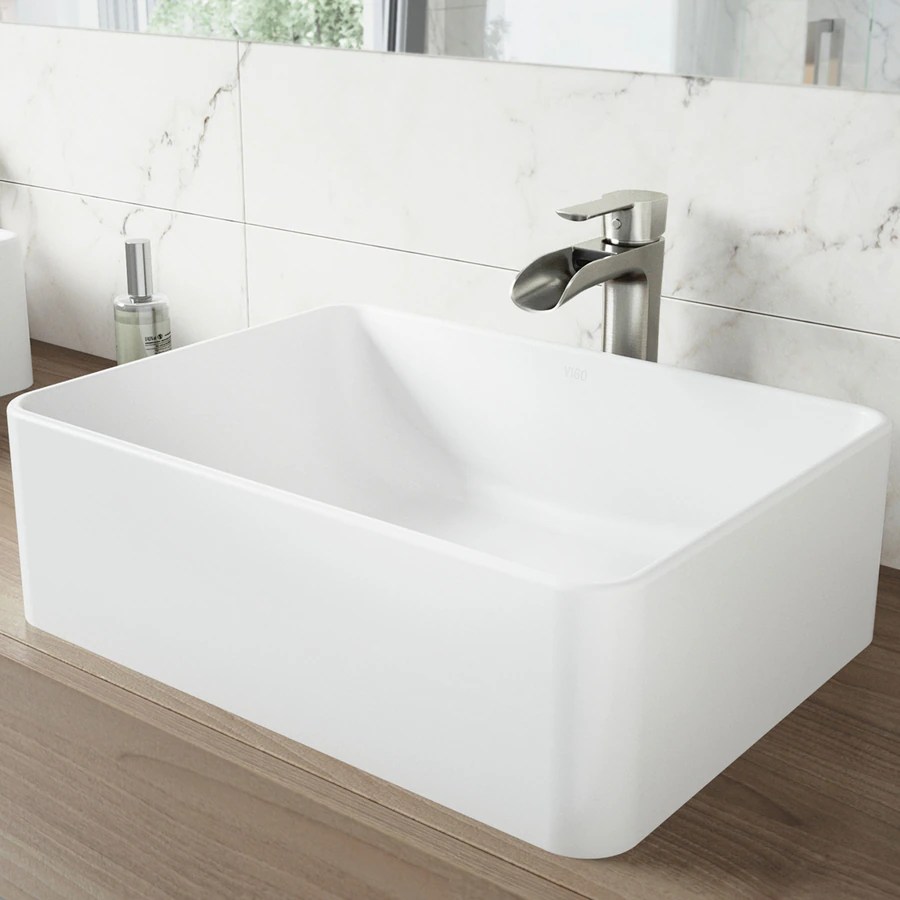 VIGO Vessel Bathroom Sets White Stone Vessel Rectangular Bathroom Sink