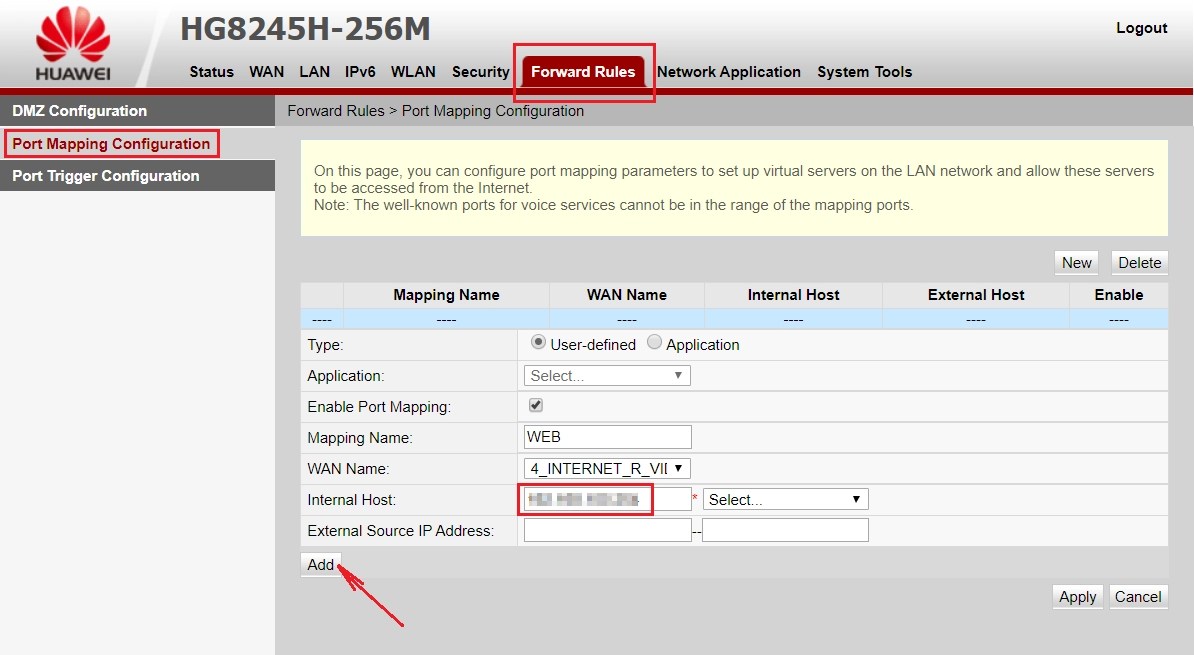 How to set up port forwarding in Huawei?