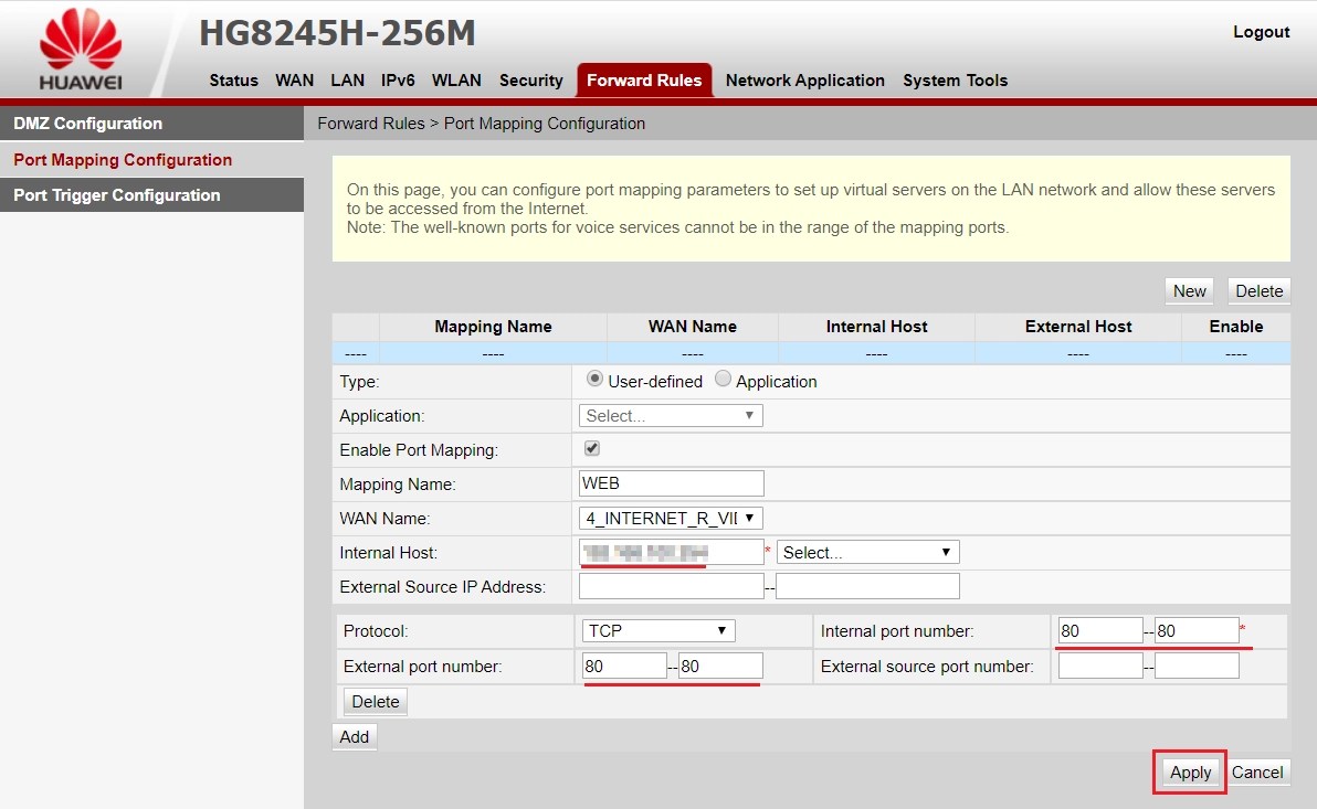 How to set up port forwarding in Huawei?